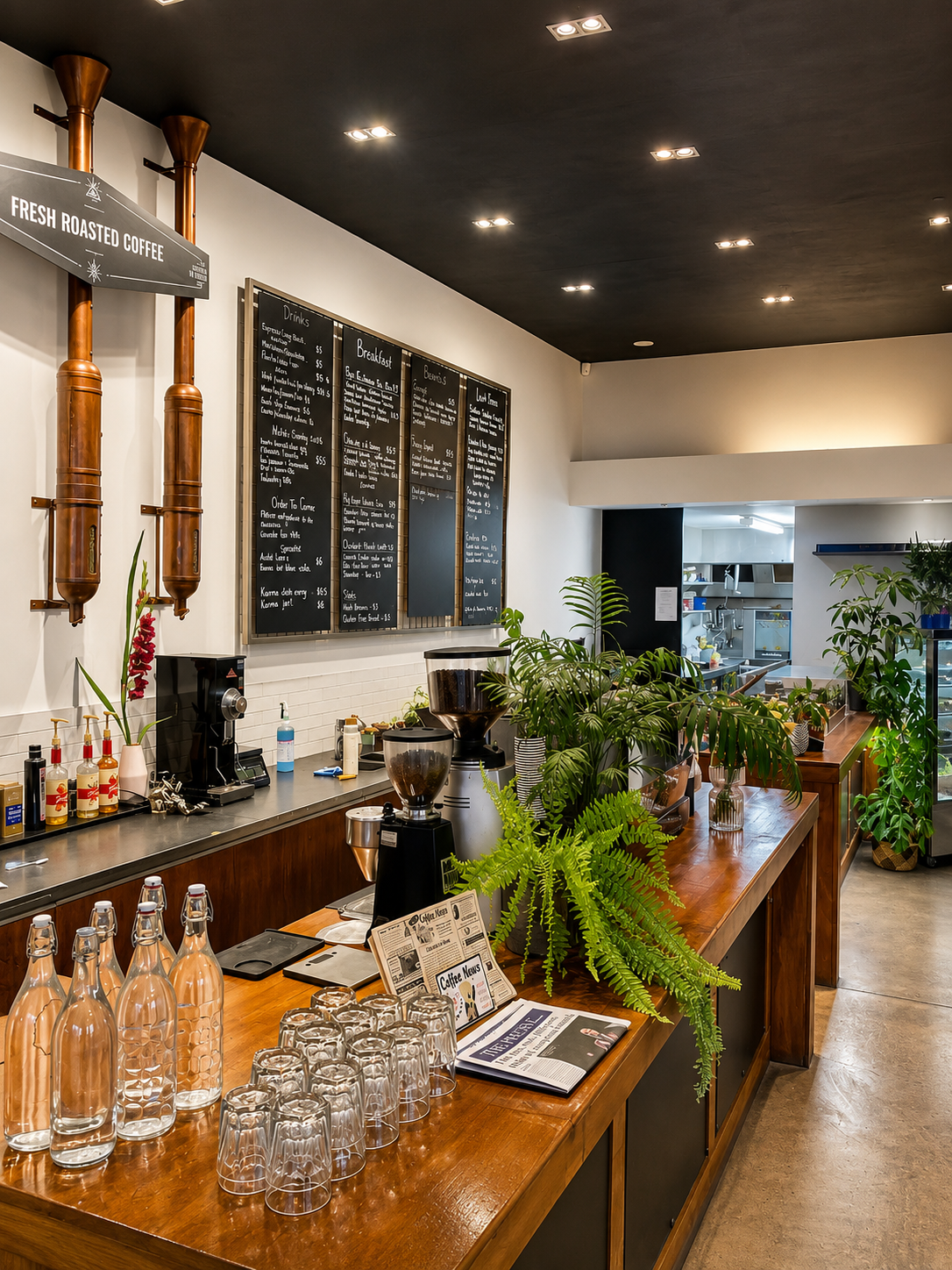 The coffee counter and plant-filled interior at Heirloom Café